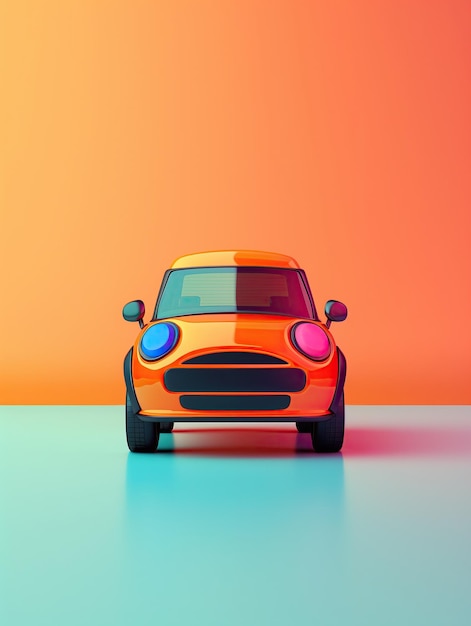 a toy car with the headlights on is orange and blue