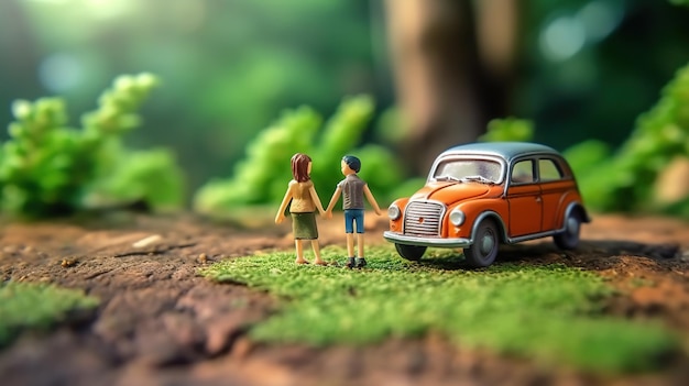 A toy car with a man and woman standing in front of it.