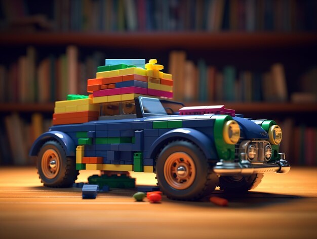 A toy car with a stack of colorful lego blocks on top of it.