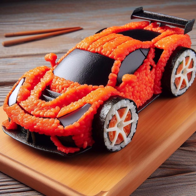 игрушечная машина с суши сидит на столе