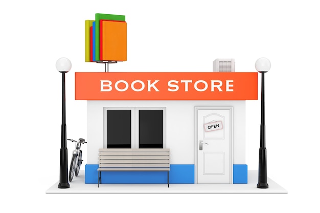 Toy Cartoon Book Shop of Book Store gebouw gevel op een witte achtergrond. 3D-rendering