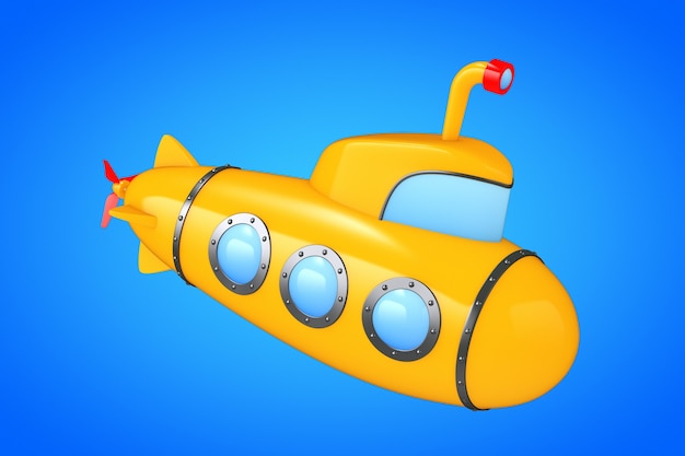 Toy Cartoon Styled Submarine op een blauwe achtergrond. 3D-rendering