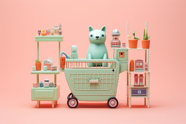 Photo a toy cat sits on a cart with other items.