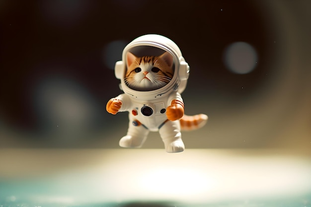 宇宙服を着た猫のおもちゃは、白い体と黒と白の尻尾を持っています。