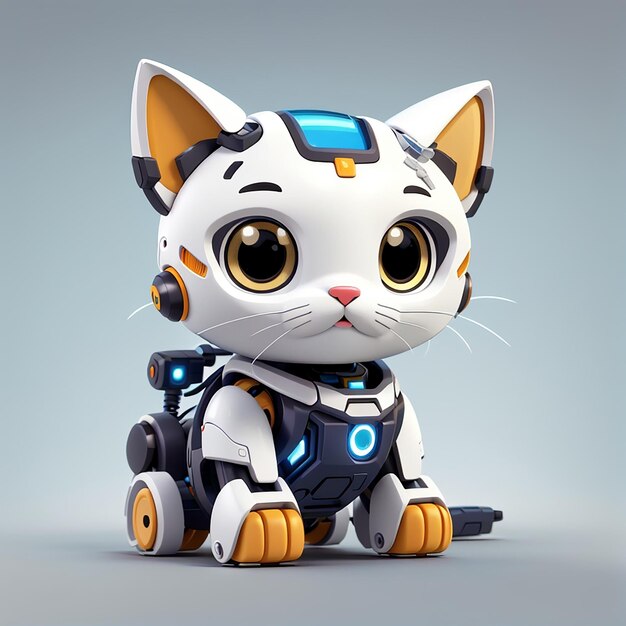 a toy cat with a robot on its back sits on a gray background