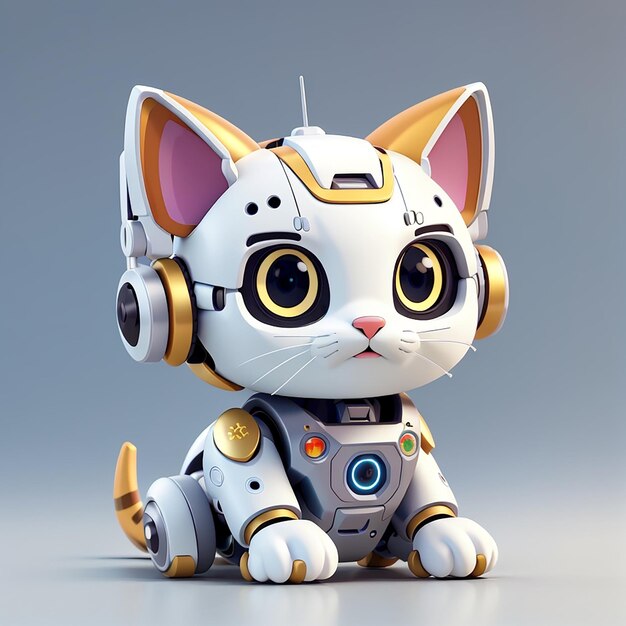 Photo a toy cat with a robot on its head sits on a gray surface