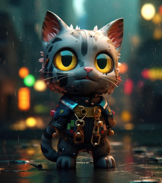 A toy cat with yellow eyes stands in the rain.