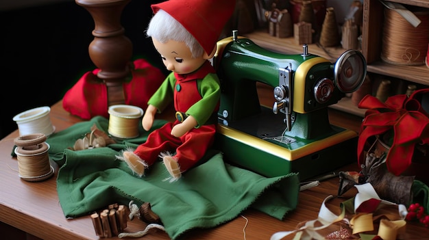 a toy of a christmas elf is sitting on a table with a toy of a christmas tree and a toy.