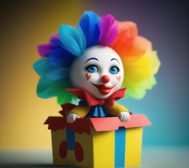 A toy clown is in a box with a gift box on it.