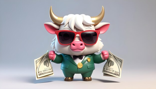 Photo a toy cow with sunglasses and a pair of dollar bills