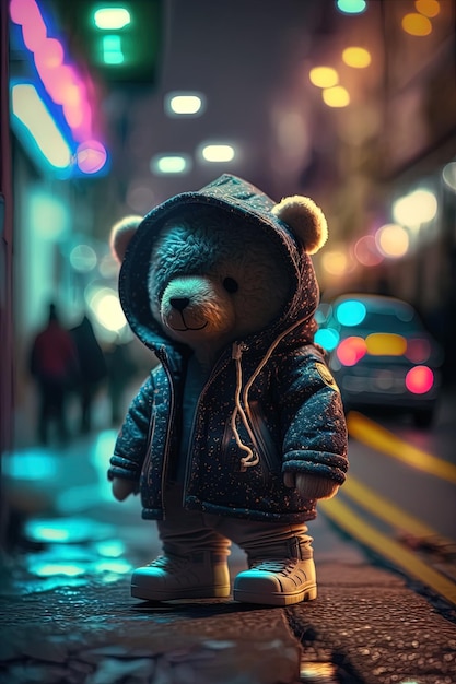 Toy cute Bear in clothes jacket and sneakers on street background with neon lighting generative AI