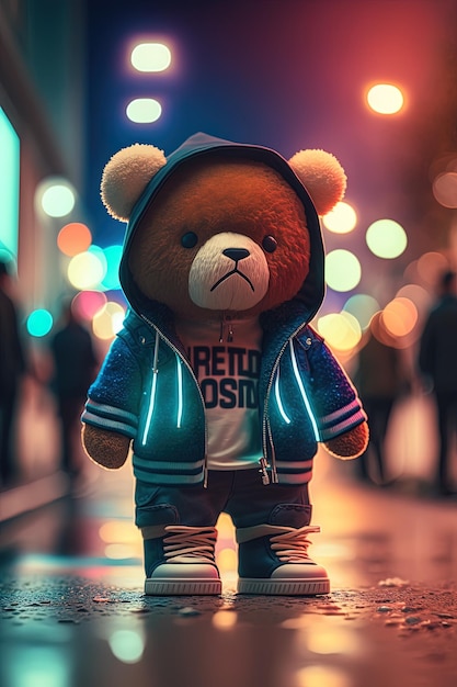 Toy cute Bear in clothes jacket and sneakers on street background with neon lighting generative AI