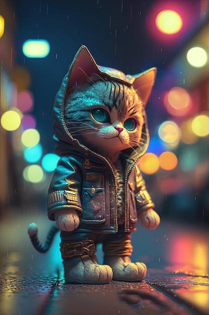 Toy cute cat in clothes jacket and sneakers on street background with neon lighting generative AI