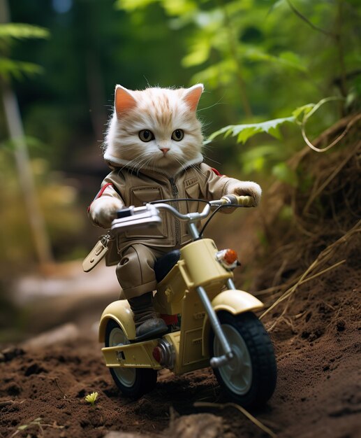 Photo a toy cute cat on a minibike riding through a forest