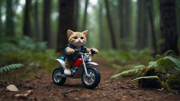 おもちゃの可愛い猫がミニバイクでジャングルをさまよっている