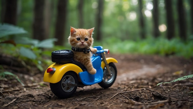 A toy cute cat roams in the jungle on a mini bike