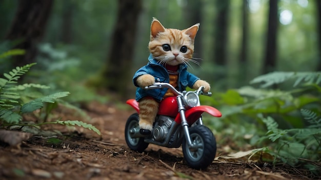 A toy cute cat roams in the jungle on a mini bike