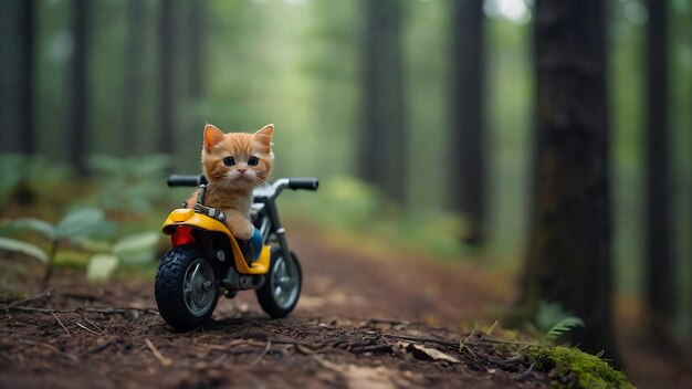 おもちゃの可愛い猫がミニバイクでジャングルをさまよっている