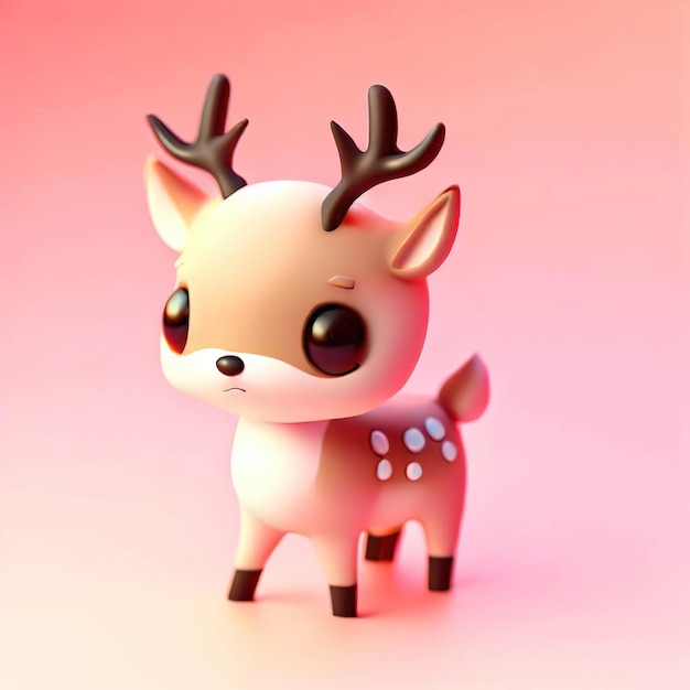 A toy deer with horns and a black nose is on a pink background.