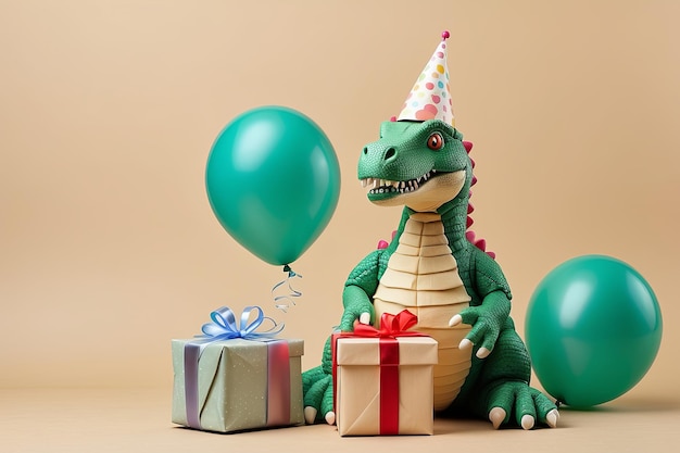 Foto dinosauro giocattolo in cappello di compleanno con scatola regalo e palloncini su sfondo beige idea di biglietto di compleanno artistico