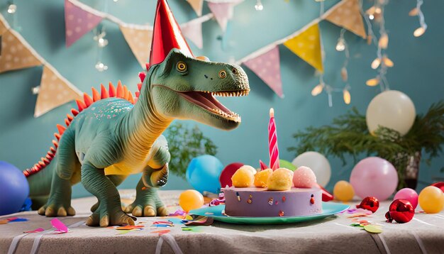 Foto un dinosauro giocattolo che celebra una festa di compleanno