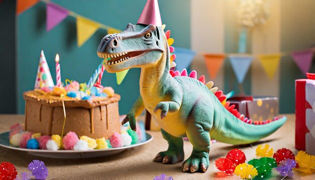 Photo toy dinosaur celebrating at a birthday party