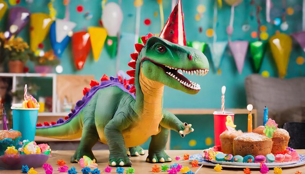 Photo toy dinosaur celebrating at a birthday party