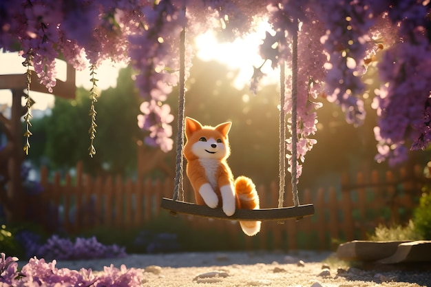 Photo a toy dog on a swing with a wisteria background