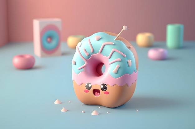 A toy donut with blue and pink icing on it