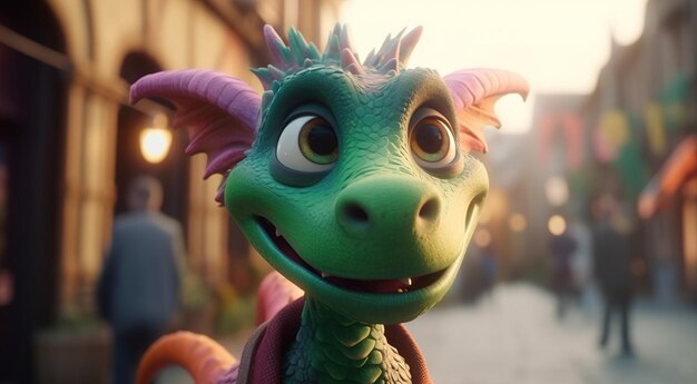 A toy dragon with a green nose and a smiling face