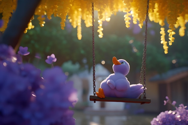 Photo a toy duck sits on a swing in front of flowers
