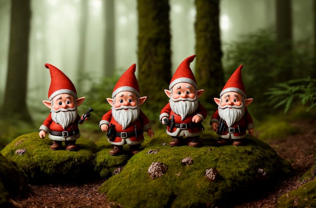 Toy dwarves in forest Cute figures of garden gnomes in woodland Generative AI