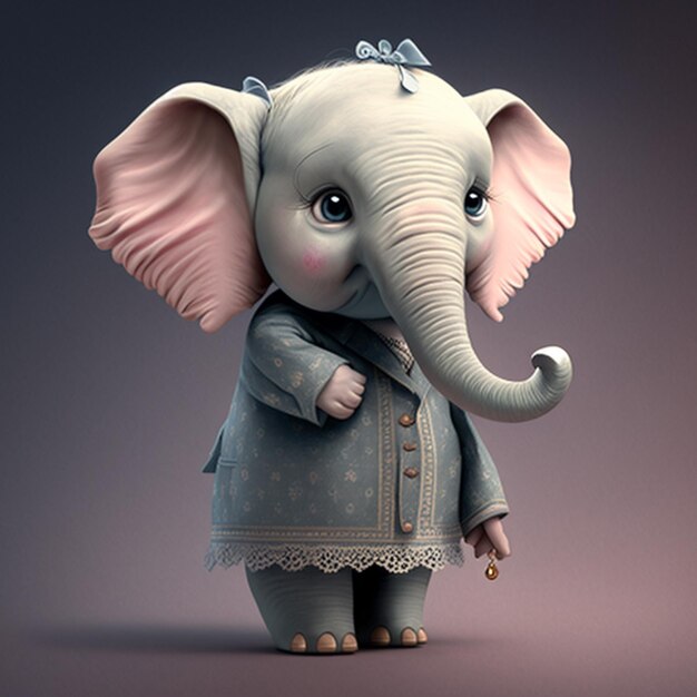 A toy elephant with a blue bow on its head is wearing a blue dress.