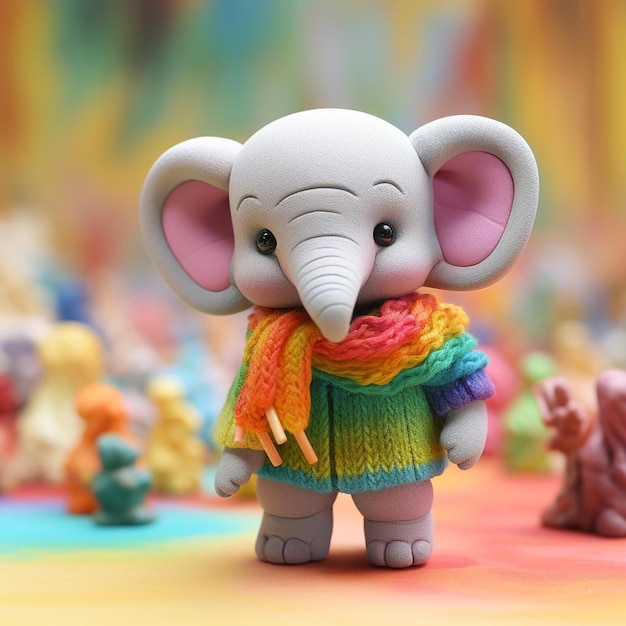 A toy elephant with a rainbow scarf on its head