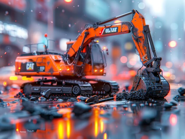 Toy Excavator in Rainy City