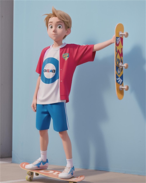 a toy figure of a boy holding a skateboard with the word's'on it