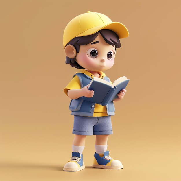 a toy figure of a boy wearing a yellow hat and holding a book