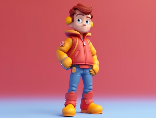 A toy figure of a boy with a red jacket and blue pants stands in front of a red background.