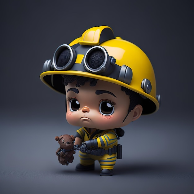 A toy figure of a construction worker wearing a hard hat and holding a teddy bear.