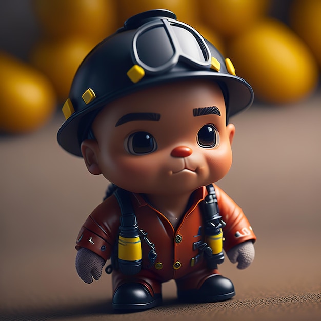 A toy figure of a fireman with a helmet and a fireman hat.