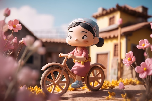 A toy figure of a girl on a bicycle with flowers in the background.