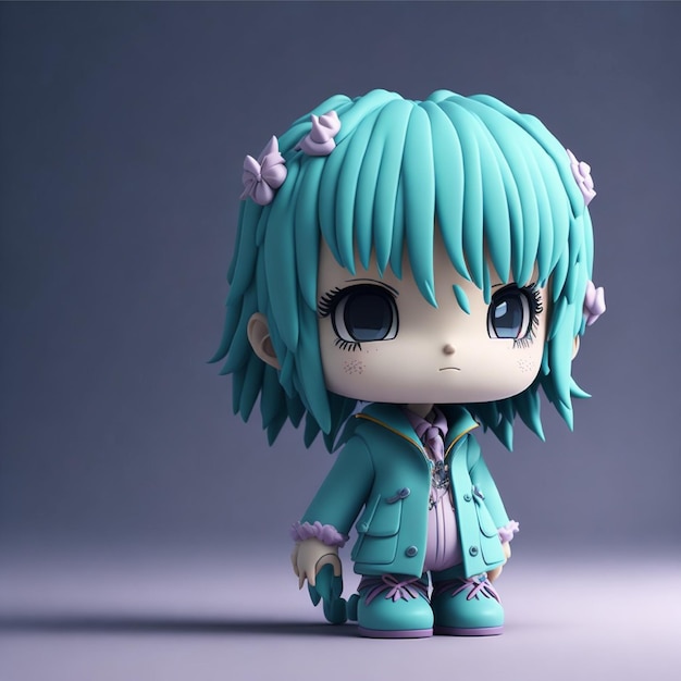 A toy figure of a girl with blue hair and a green jacket with the number 10 on it.