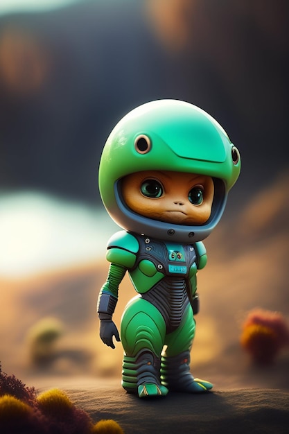A toy figure of a green astronaut with a green helmet.