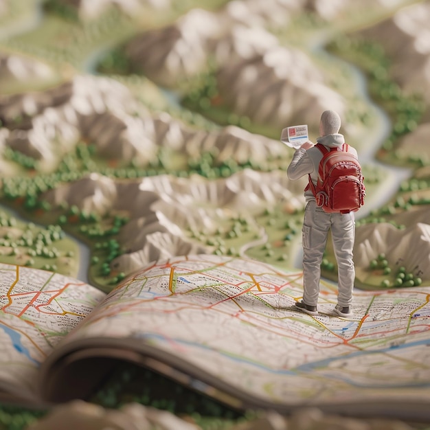 Foto una figura da giocattolo è in piedi su una mappa con una mappa dell'area