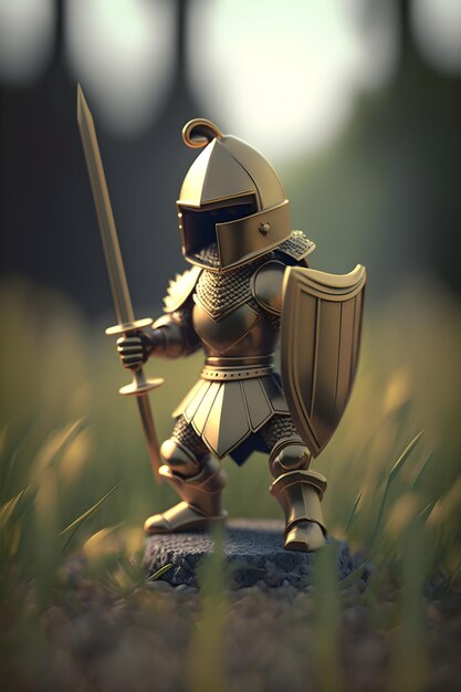 A toy figure of a knight holding a sword in a field.