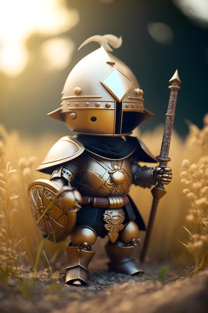 A toy figure of a knight with a spear in a field of wheat.