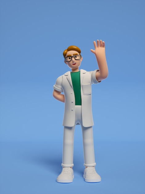 A toy figure of a man wearing a white coat and glasses waving.