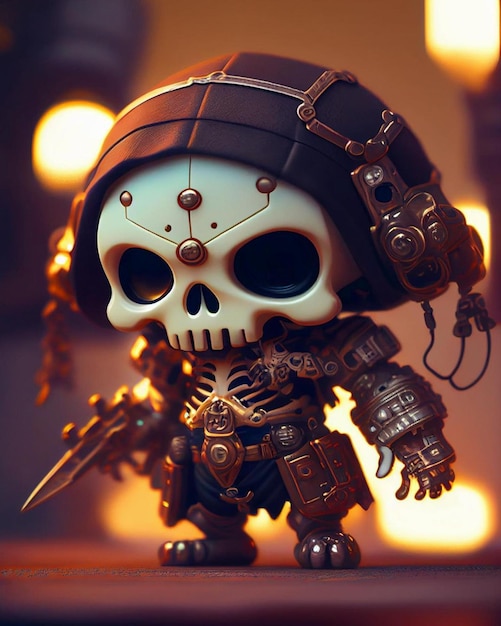 Photo a toy figure of a skull with a helmet and a sword.