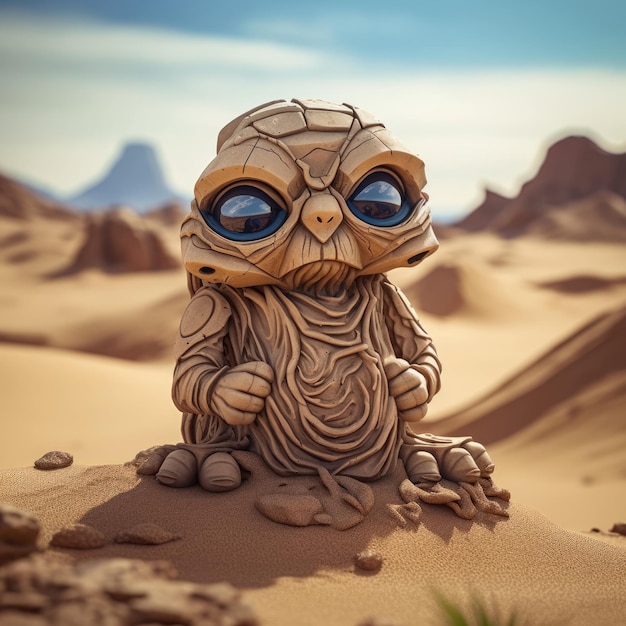 A toy figure with a blue eye and a blue eye is sitting in the desert.