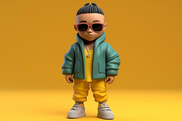 a toy figure with sunglasses and a jacket that says " the name of the company "